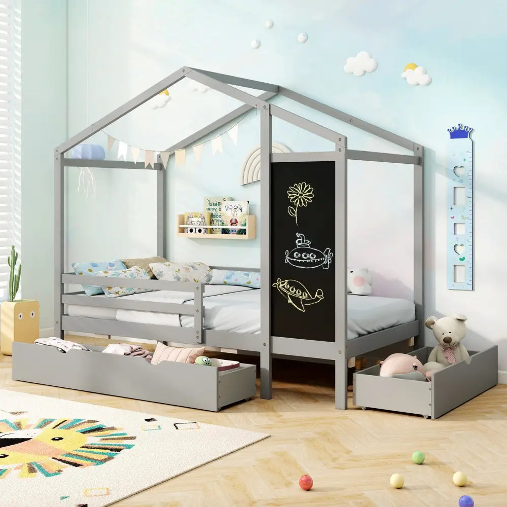 Kids Twin Size Bed with 2 Drawers Solid Wood Bed with Blackboard-Gray - Gray - Toddler Beds