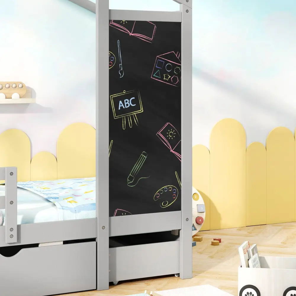 Kids Twin Size Bed with 2 Drawers Solid Wood Bed with Blackboard-Gray - Gray - Toddler Beds