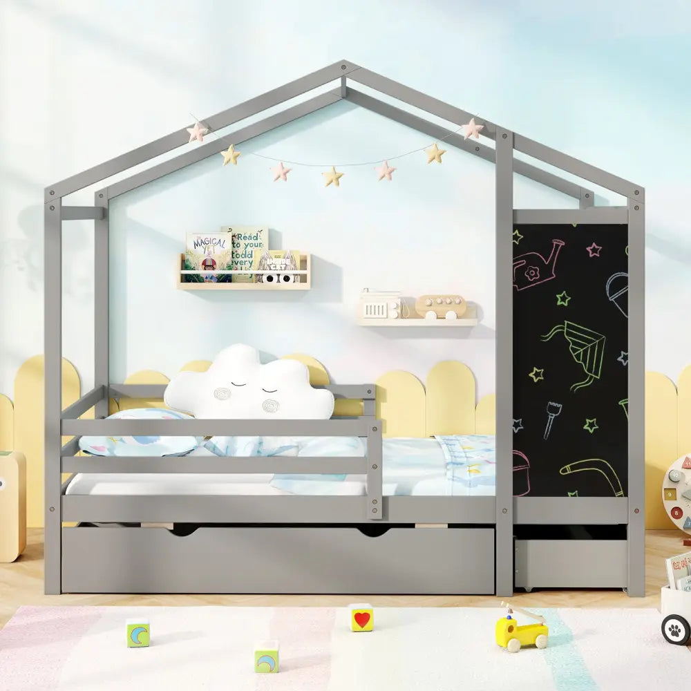 Kids Twin Size Bed with 2 Drawers Solid Wood Bed with Blackboard-Gray - Gray - Toddler Beds