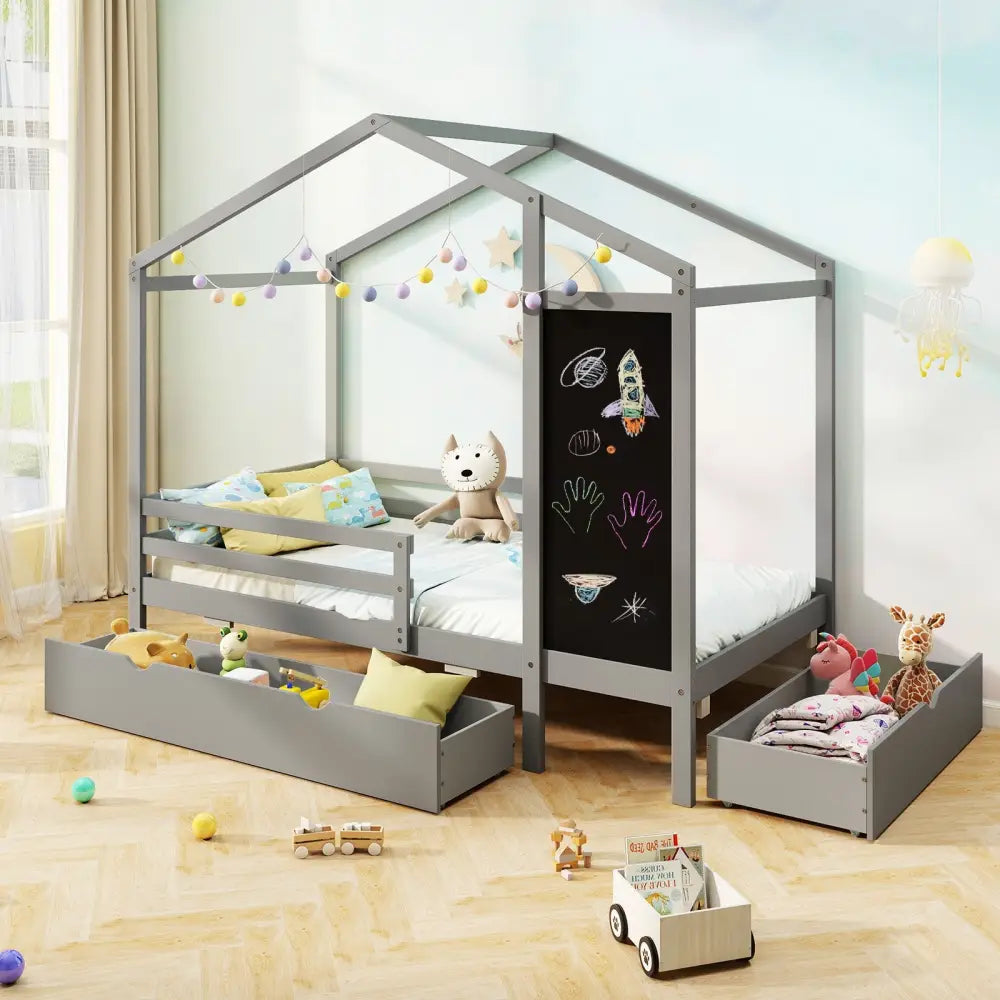 Kids Twin Size Bed with 2 Drawers Solid Wood Bed with Blackboard-Gray - Gray - Toddler Beds