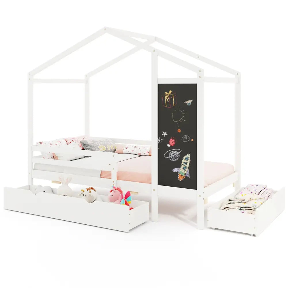 Kids Twin Size Bed with 2 Drawers Solid Wood Bed with Blackboard-White - White - Toddler Beds