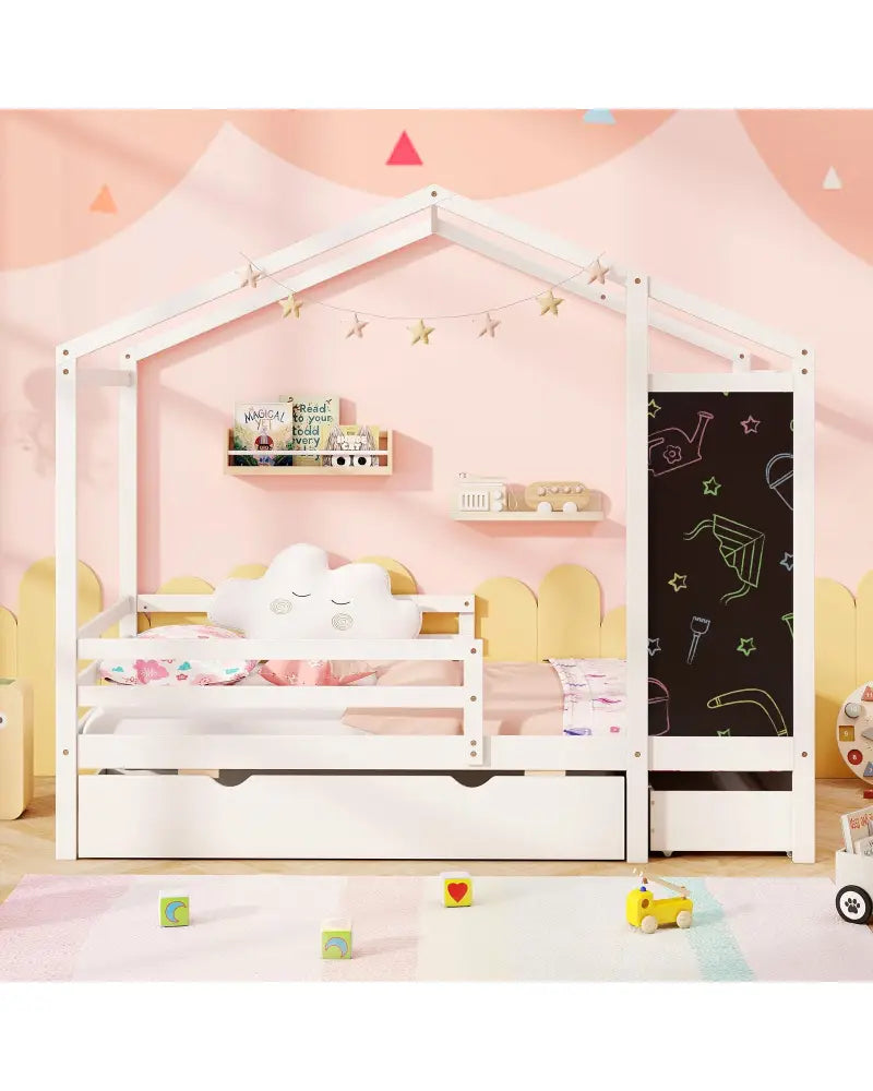 Kids Twin Size Bed with 2 Drawers Solid Wood Bed with Blackboard-White - White - Toddler Beds