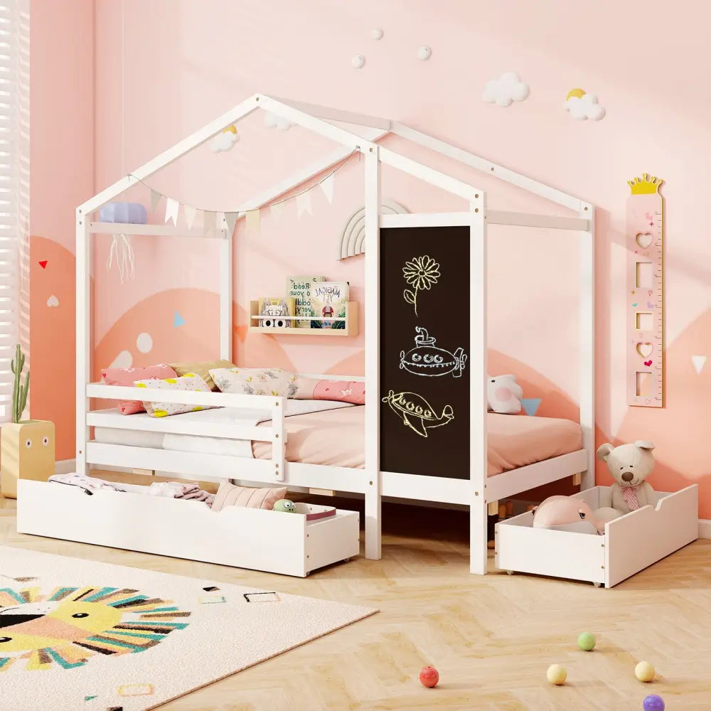 Kids Twin Size Bed with 2 Drawers Solid Wood Bed with Blackboard-White - White - Toddler Beds