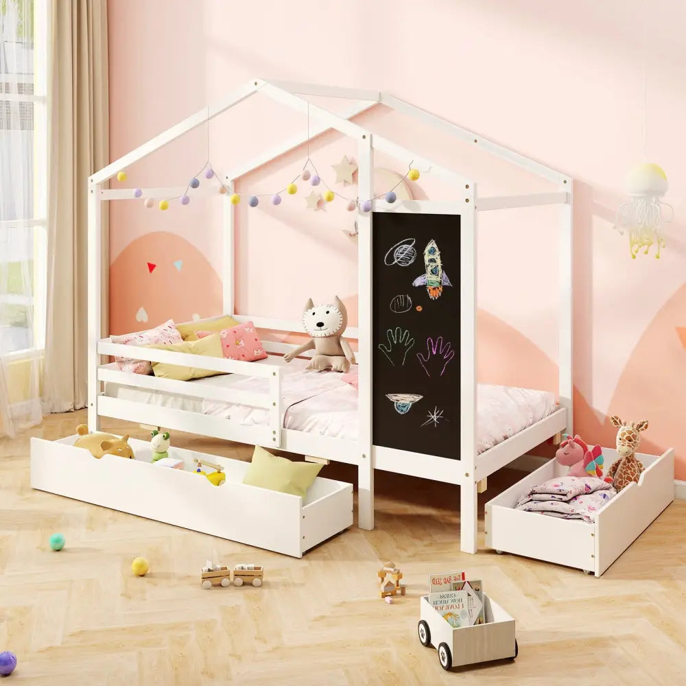 Kids Twin Size Bed with 2 Drawers Solid Wood Bed with Blackboard-White - White - Toddler Beds
