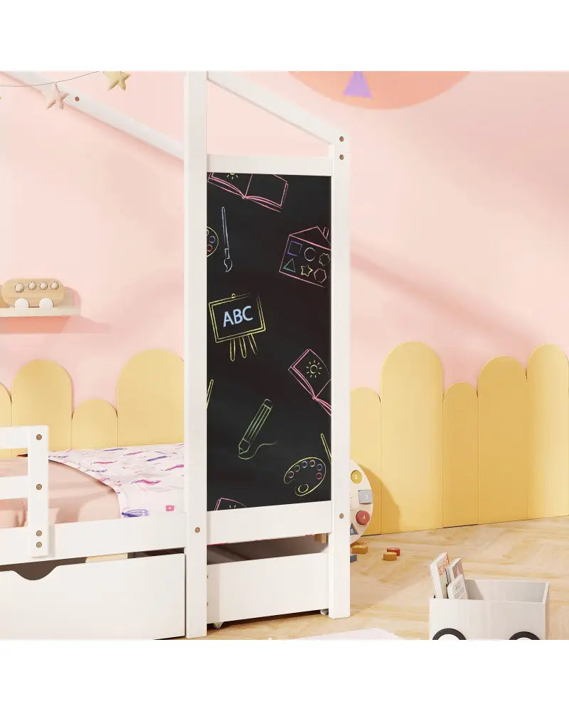 Kids Twin Size Bed with 2 Drawers Solid Wood Bed with Blackboard-White - White - Toddler Beds