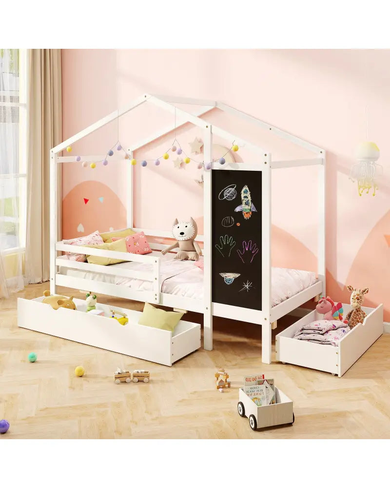Kids Twin Size Bed with 2 Drawers Solid Wood Bed with Blackboard-White - White - Toddler Beds