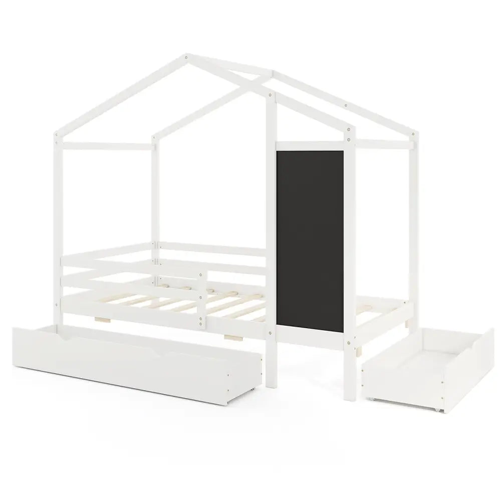 Kids Twin Size Bed with 2 Drawers Solid Wood Bed with Blackboard-White - White - Toddler Beds