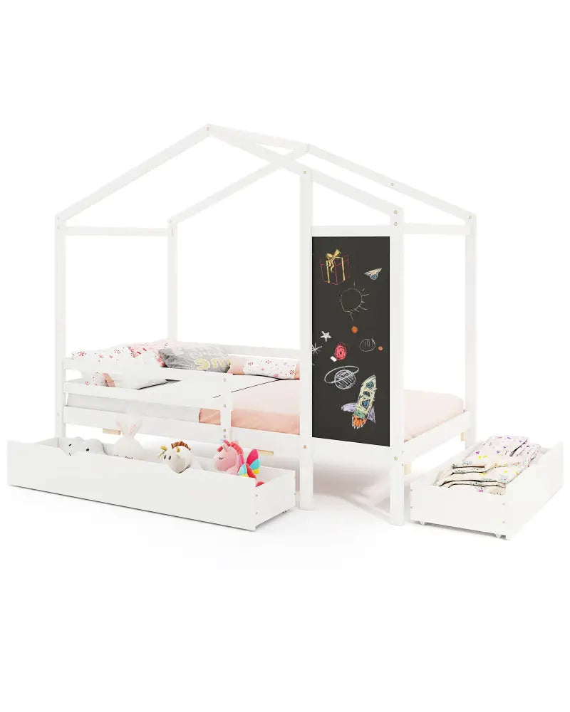 Kids Twin Size Bed with 2 Drawers Solid Wood Bed with Blackboard-White - White - Toddler Beds
