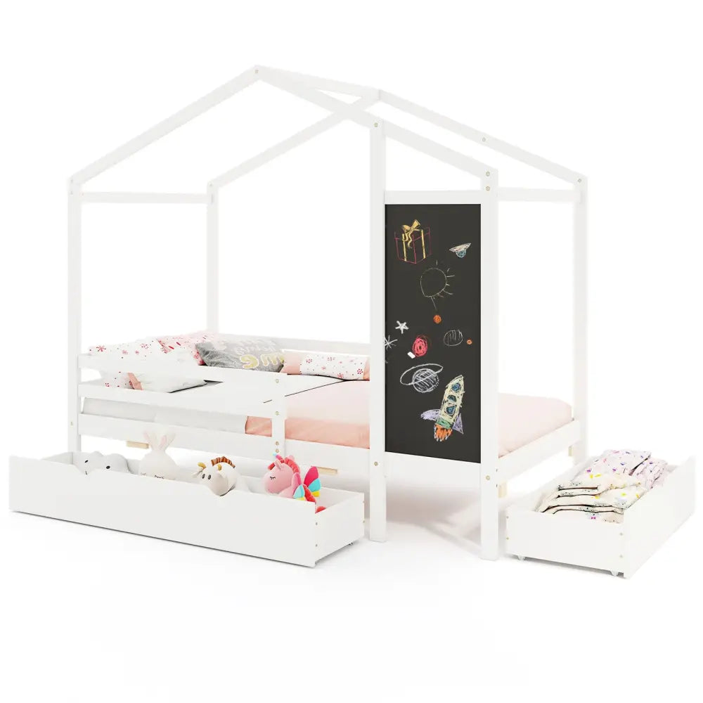 Kids Twin Size Bed with 2 Drawers Solid Wood Bed with Blackboard-White - White - Toddler Beds