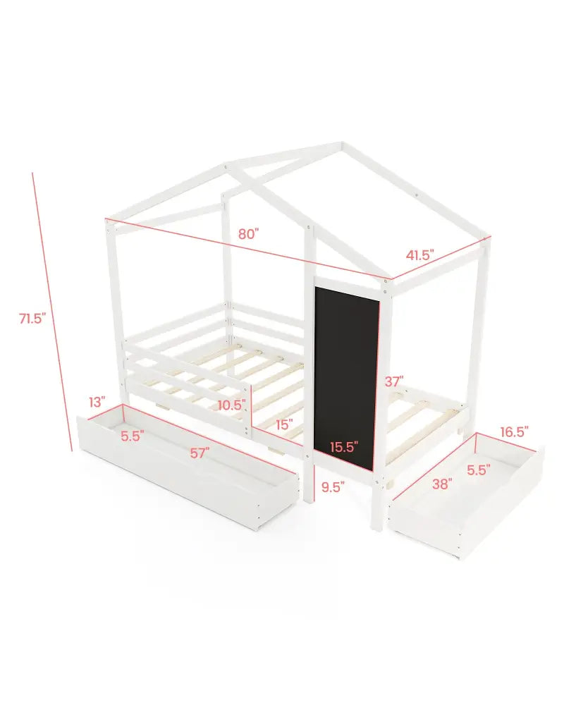 Kids Twin Size Bed with 2 Drawers Solid Wood Bed with Blackboard-White - White - Toddler Beds