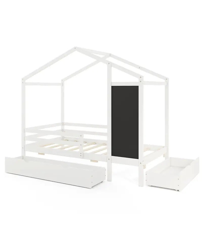 Kids Twin Size Bed with 2 Drawers Solid Wood Bed with Blackboard-White - White - Toddler Beds