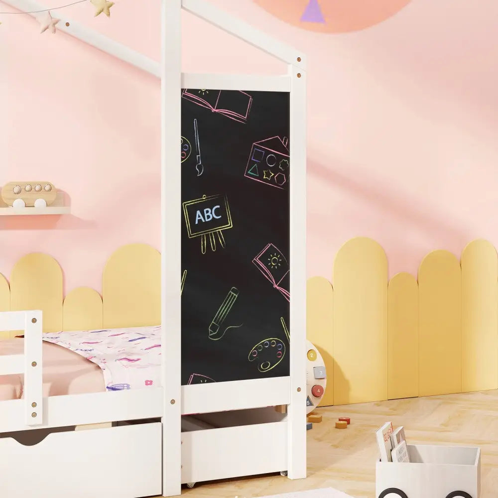 Kids Twin Size Bed with 2 Drawers Solid Wood Bed with Blackboard-White - White - Toddler Beds