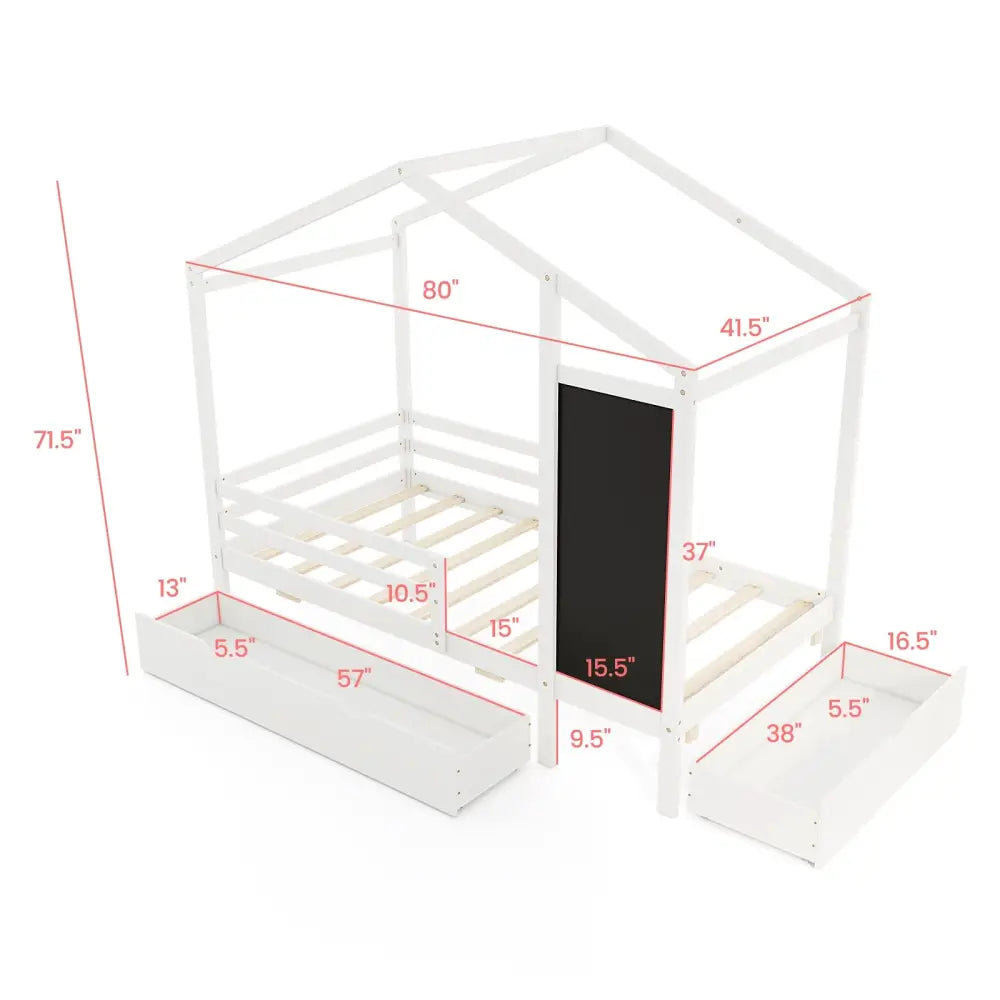 Kids Twin Size Bed with 2 Drawers Solid Wood Bed with Blackboard-White - White - Toddler Beds