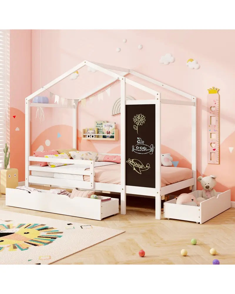 Kids Twin Size Bed with 2 Drawers Solid Wood Bed with Blackboard-White - White - Toddler Beds