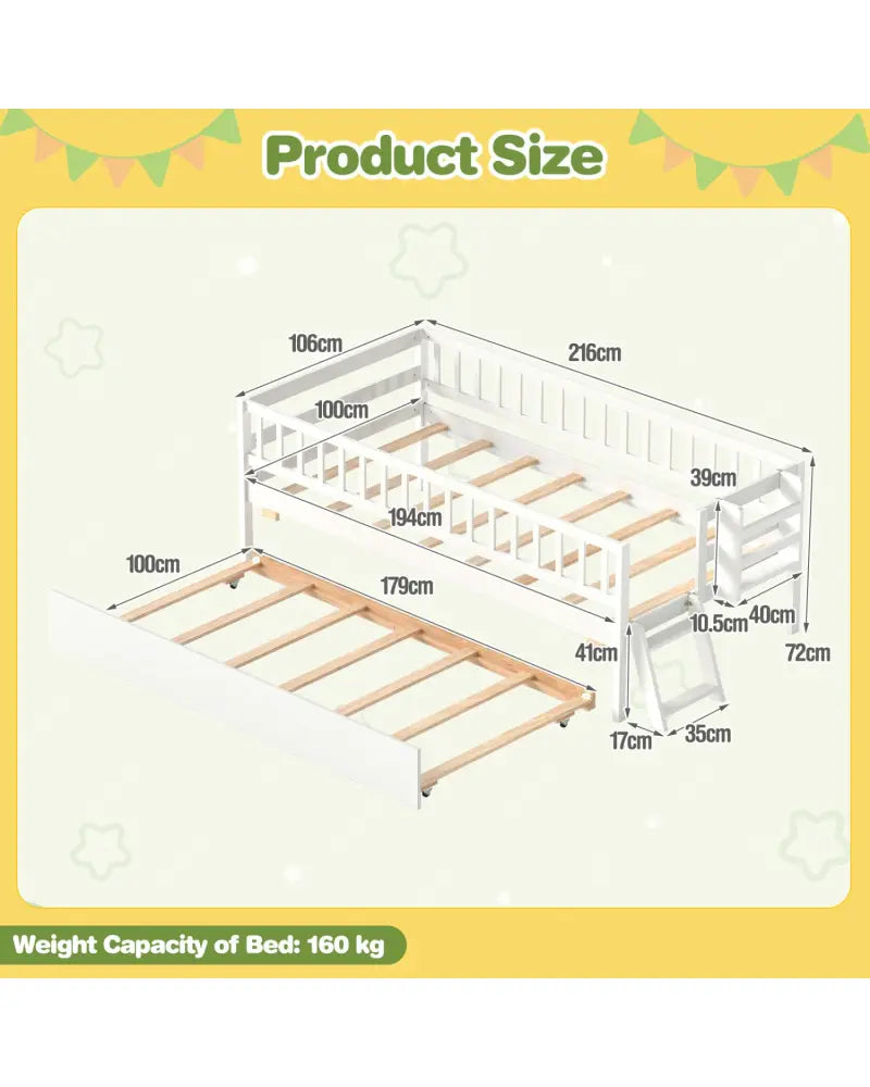 Kids Twin Size Bed with Trundle with Bookshelf and 2-Step Ladder 15 Plywood Slats for Girls and Boys-White - White