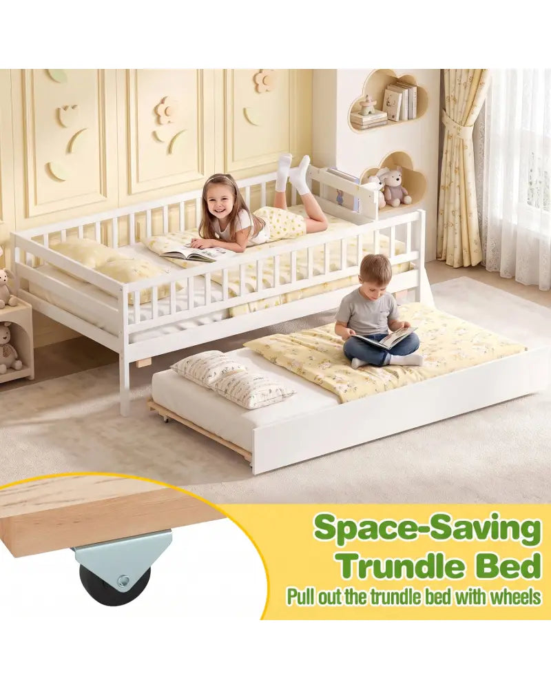 Kids Twin Size Bed with Trundle with Bookshelf and 2-Step Ladder 15 Plywood Slats for Girls and Boys-White - White