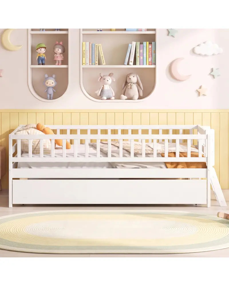 Kids Twin Size Bed with Trundle with Bookshelf and 2-Step Ladder 15 Plywood Slats for Girls and Boys-White - White