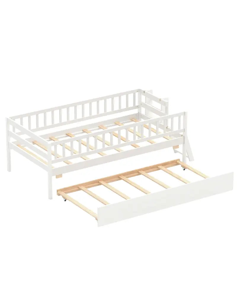 Kids Twin Size Bed with Trundle with Bookshelf and 2-Step Ladder 15 Plywood Slats for Girls and Boys-White - White