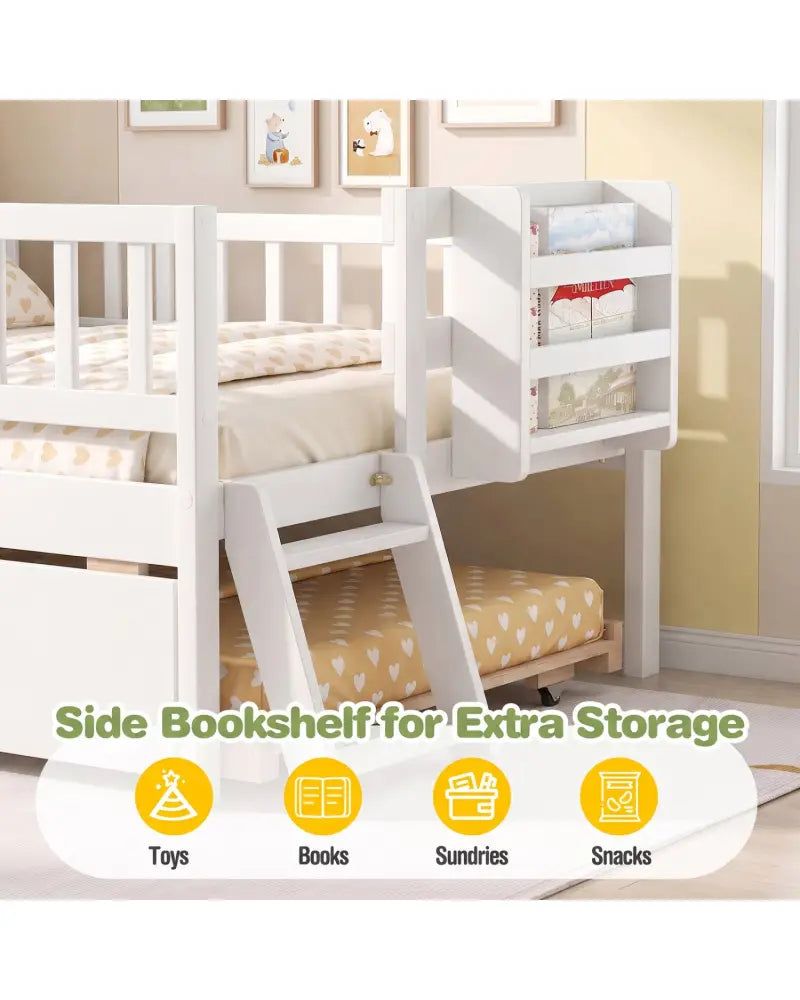 Kids Twin Size Bed with Trundle with Bookshelf and 2-Step Ladder 15 Plywood Slats for Girls and Boys-White - White