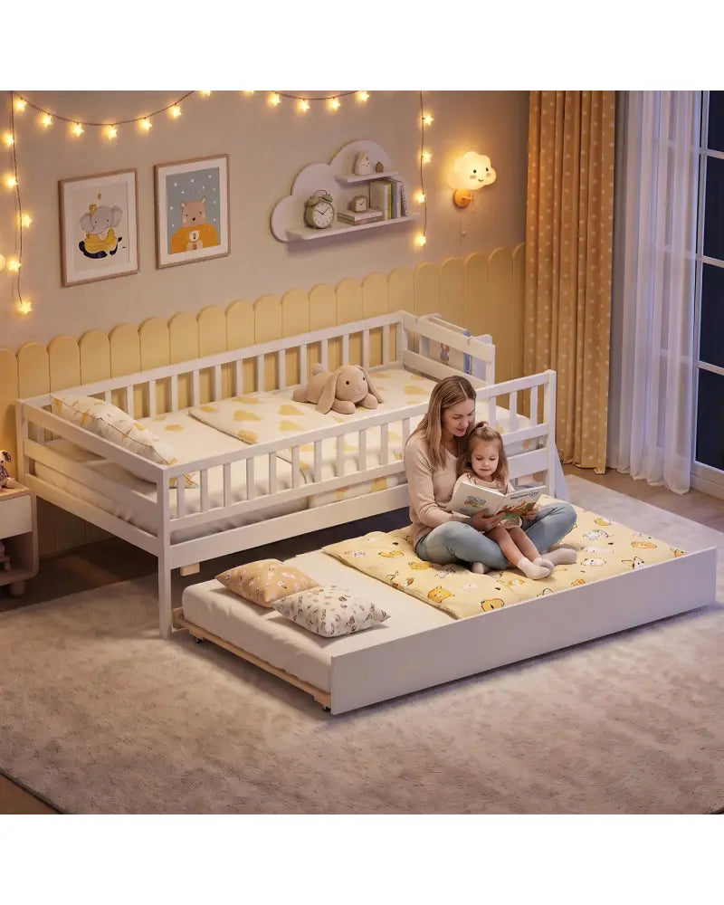 Kids Twin Size Bed with Trundle with Bookshelf and 2-Step Ladder 15 Plywood Slats for Girls and Boys-White - White