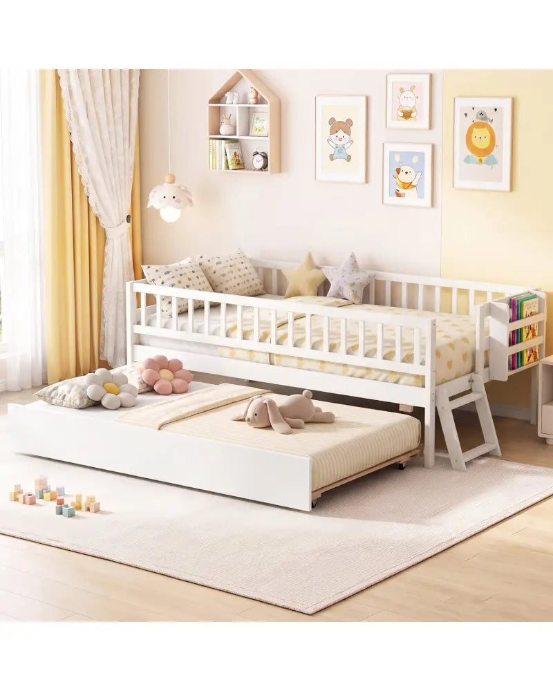 Kids Twin Size Bed with Trundle with Bookshelf and 2-Step Ladder 15 Plywood Slats for Girls and Boys-White - White