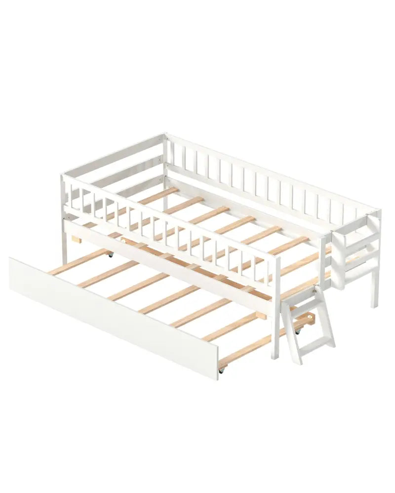 Kids Twin Size Bed with Trundle with Bookshelf and 2-Step Ladder 15 Plywood Slats for Girls and Boys-White - White