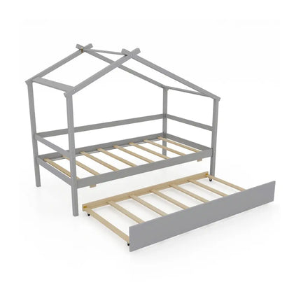 Kids Twin Size House Bed with Trundle and Roof-Gray - Gray - Trundle Bed Frame