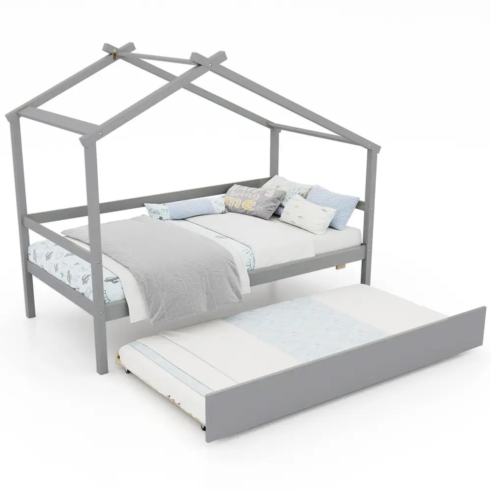 Kids Twin Size House Bed with Trundle and Roof-Gray - Gray - Trundle Bed Frame