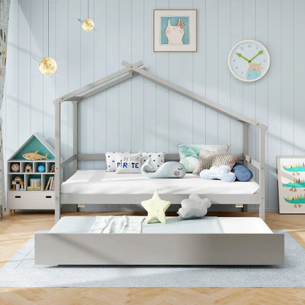 Kids Twin Size House Bed with Trundle and Roof-Gray - Gray - Trundle Bed Frame