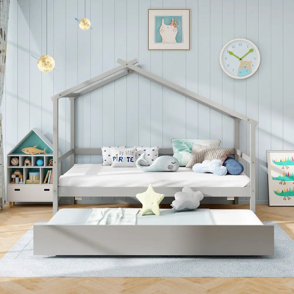 Kids Twin Size House Bed with Trundle and Roof-Gray - Gray - Trundle Bed Frame