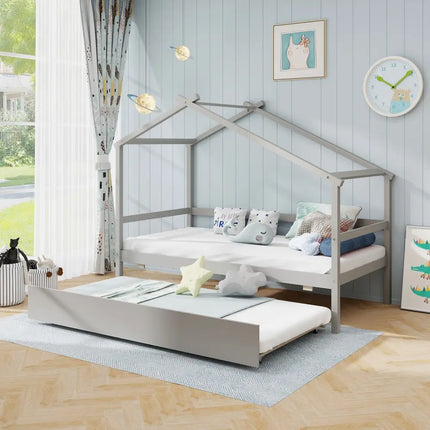 Kids Twin Size House Bed with Trundle and Roof-Gray - Gray - Trundle Bed Frame