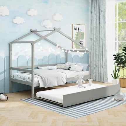 Kids Twin Size House Bed with Trundle and Roof-Gray - Gray - Trundle Bed Frame