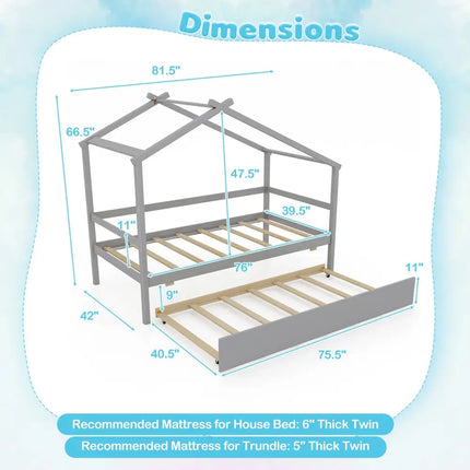 Kids Twin Size House Bed with Trundle and Roof-Gray - Gray - Trundle Bed Frame