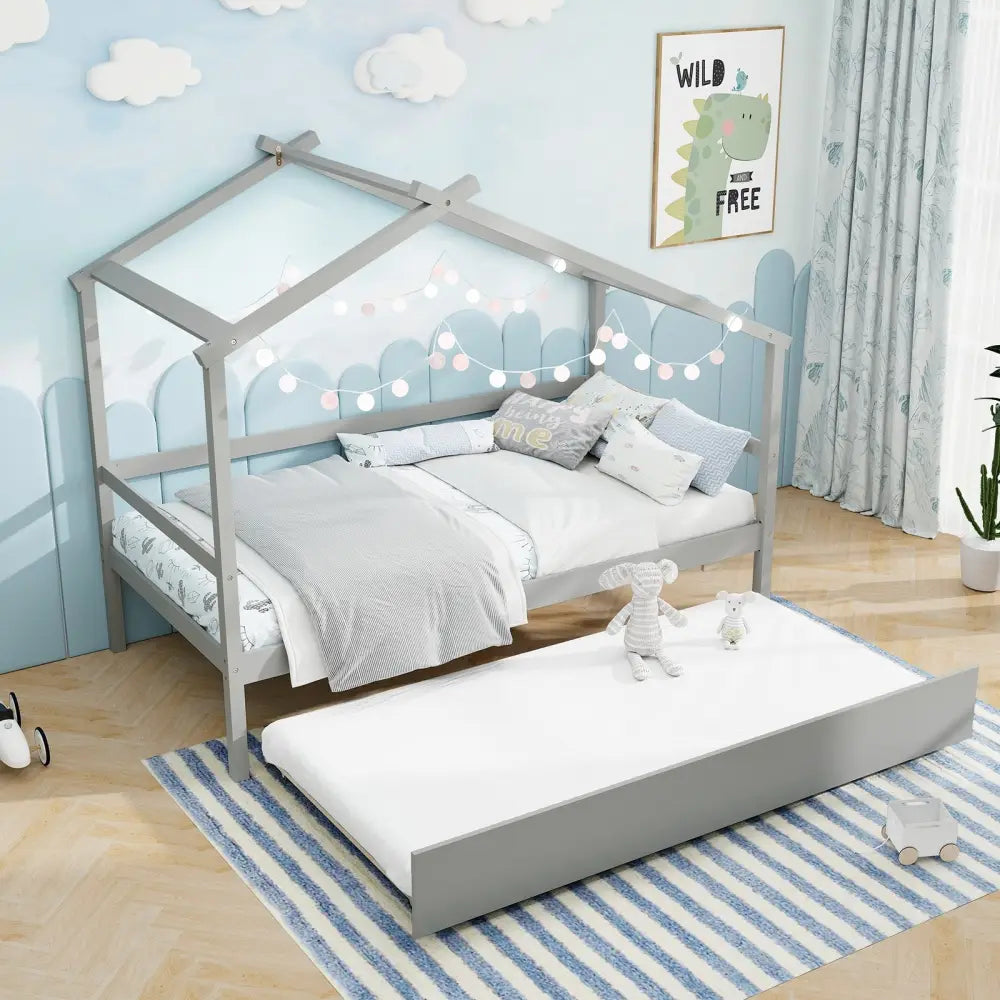 Kids Twin Size House Bed with Trundle and Roof-Gray - Gray - Trundle Bed Frame