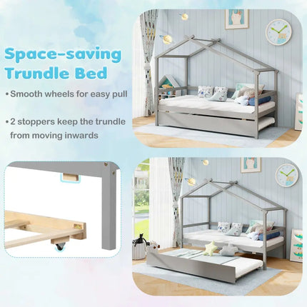 Kids Twin Size House Bed with Trundle and Roof-Gray - Gray - Trundle Bed Frame