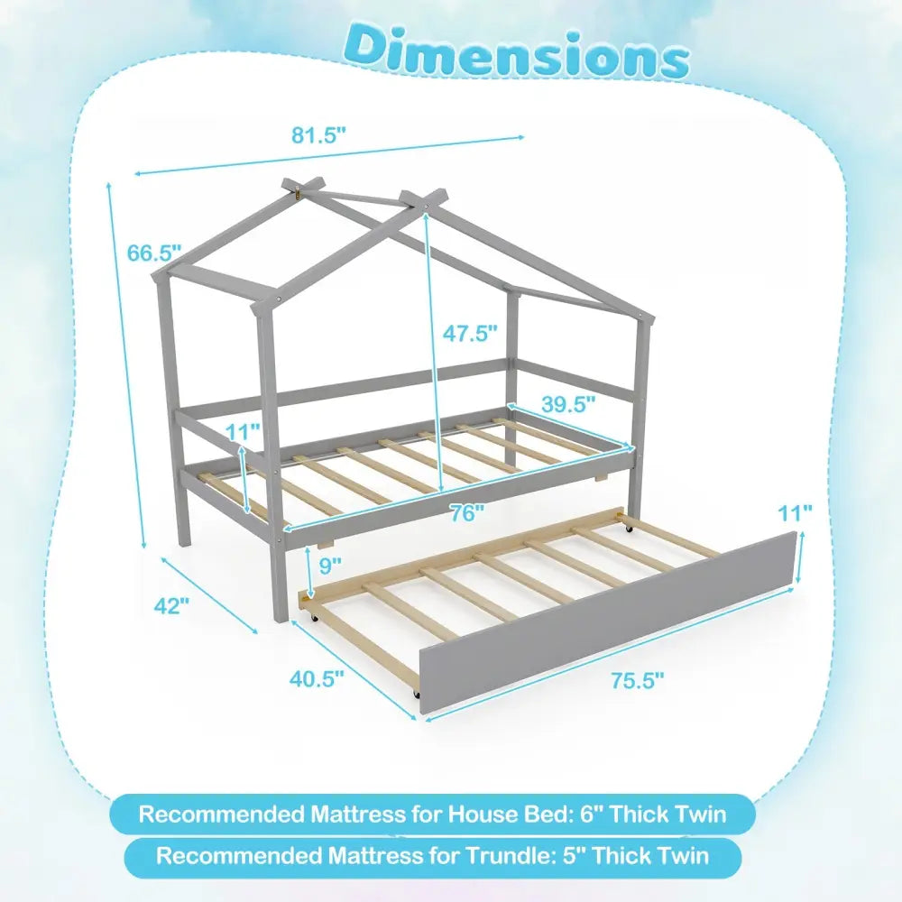 Kids Twin Size House Bed with Trundle and Roof-Gray - Gray - Trundle Bed Frame