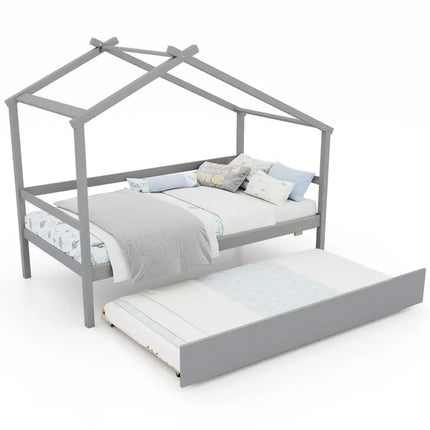 Kids Twin Size House Bed with Trundle and Roof-Gray - Gray - Trundle Bed Frame