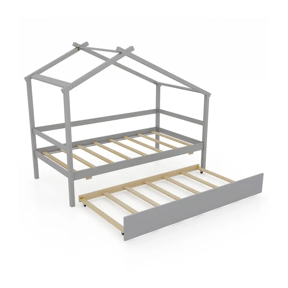 Kids Twin Size House Bed with Trundle and Roof-Gray - Gray - Trundle Bed Frame