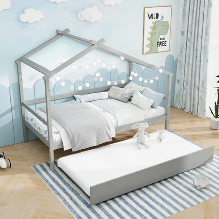 Kids Twin Size House Bed with Trundle and Roof-Gray - Gray - Trundle Bed Frame