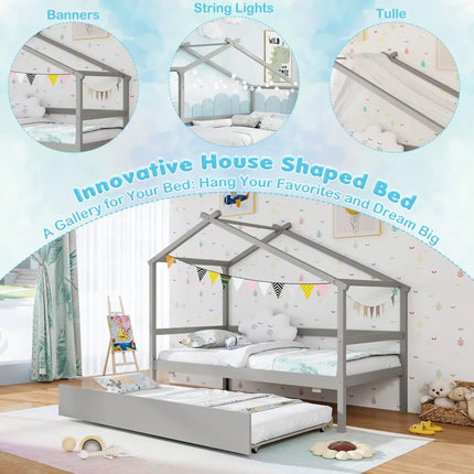 Kids Twin Size House Bed with Trundle and Roof-Gray - Gray - Trundle Bed Frame