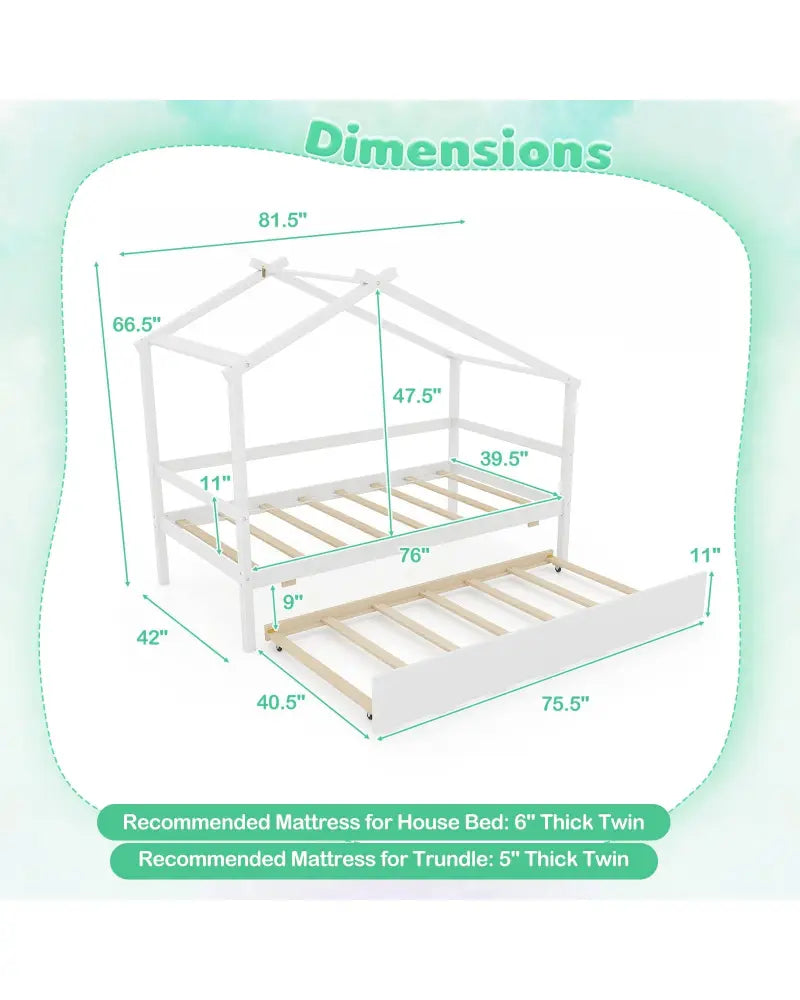Kids Twin Size House Bed with Trundle and Roof-White - White - Trundle Bed Frame