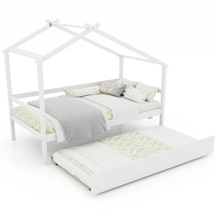 Kids Twin Size House Bed with Trundle and Roof-White - White - Trundle Bed Frame