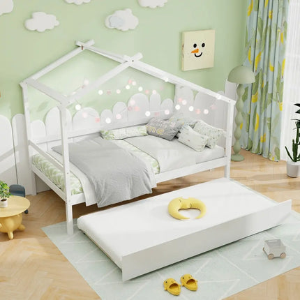 Kids Twin Size House Bed with Trundle and Roof-White - White - Trundle Bed Frame