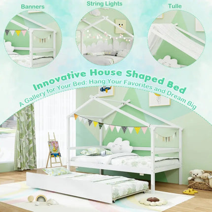 Kids Twin Size House Bed with Trundle and Roof-White - White - Trundle Bed Frame