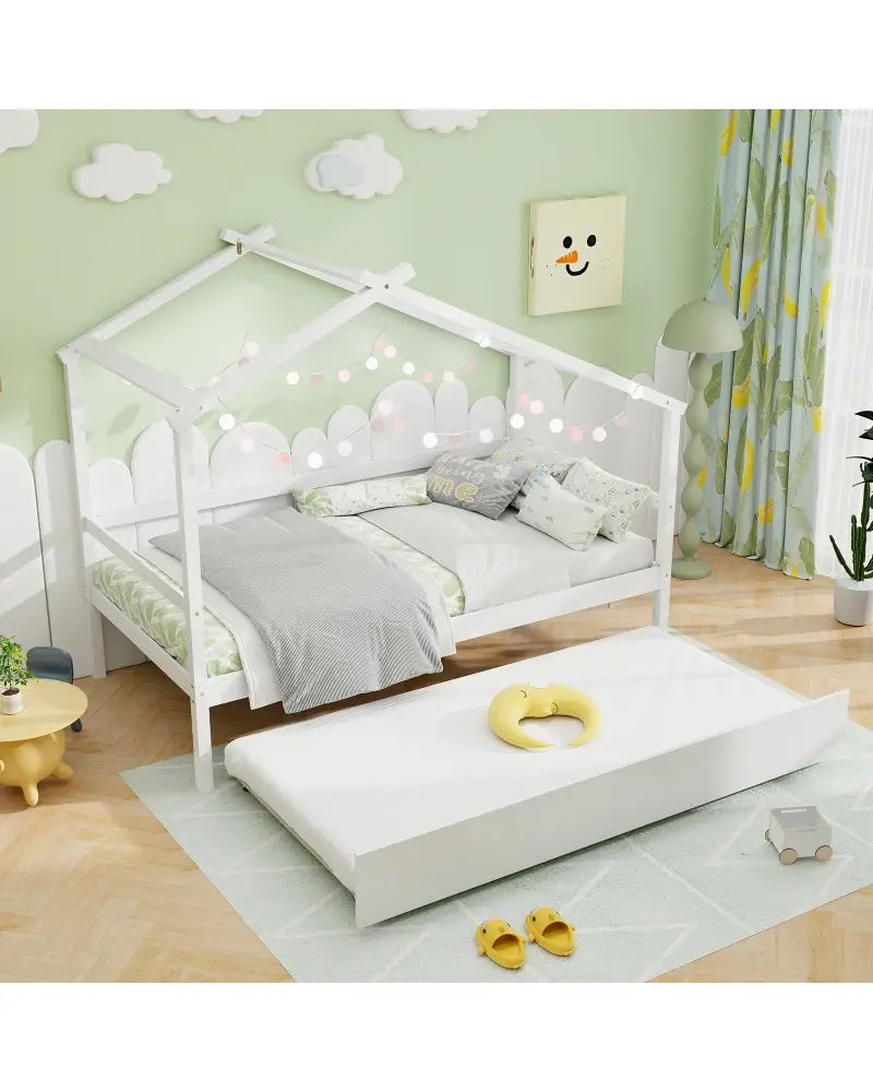 Kids Twin Size House Bed with Trundle and Roof-White - White - Trundle Bed Frame