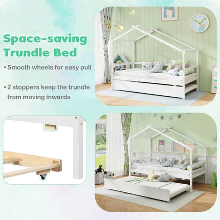 Kids Twin Size House Bed with Trundle and Roof-White - White - Trundle Bed Frame
