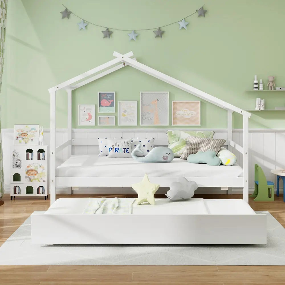 Kids Twin Size House Bed with Trundle and Roof-White - White - Trundle Bed Frame