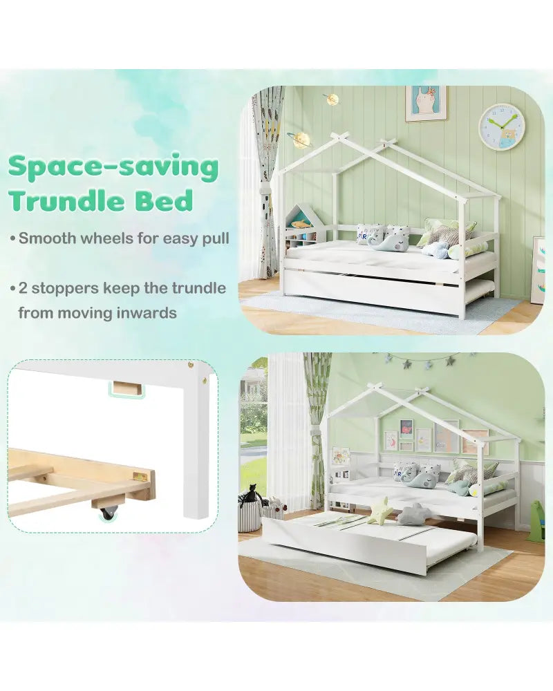 Kids Twin Size House Bed with Trundle and Roof-White - White - Trundle Bed Frame