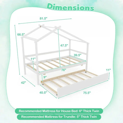 Kids Twin Size House Bed with Trundle and Roof-White - White - Trundle Bed Frame