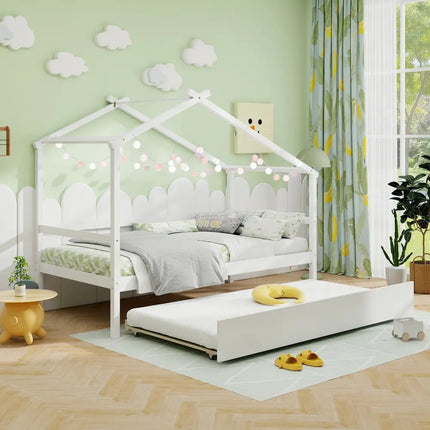Kids Twin Size House Bed with Trundle and Roof-White - White - Trundle Bed Frame